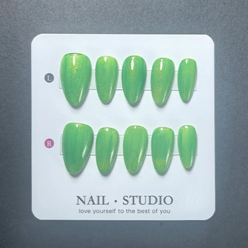10pcs Almond Cat Eye Press on Nails Handmade Fuchsia Nude Pink Red Magnetic False Nails Glossy Manicure Set