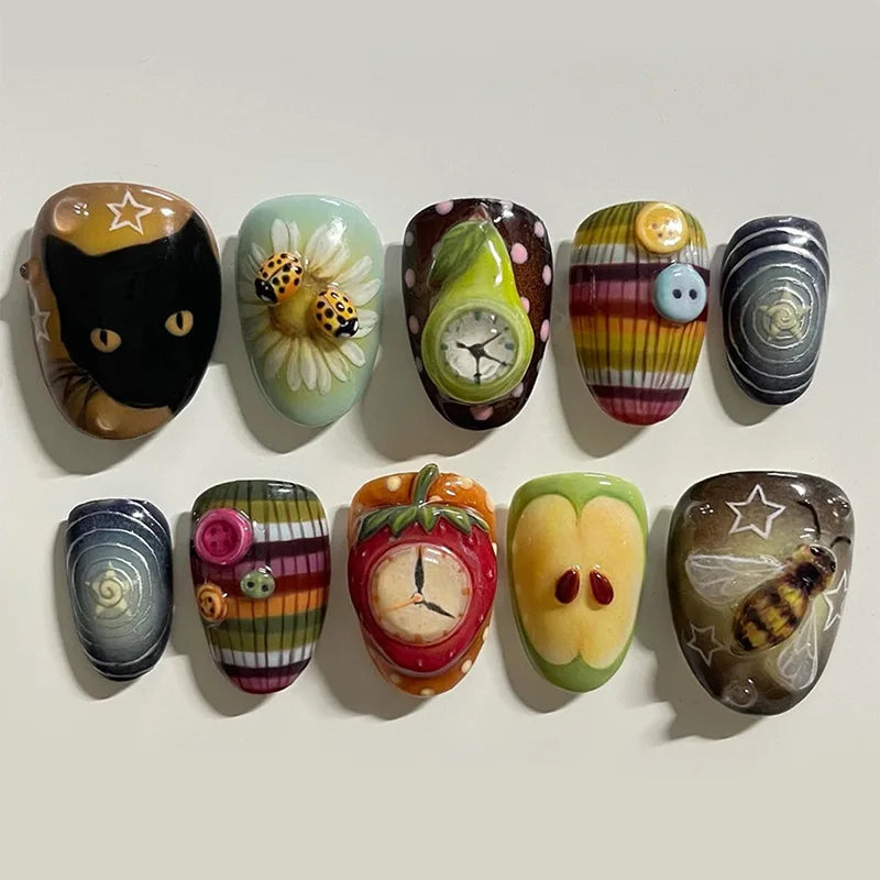 24pcs Long Almond Press on Nails Anime Pattern Full Cover Nail Tips Ornament for Girls Colorful False Nails Wearable Fake Nail