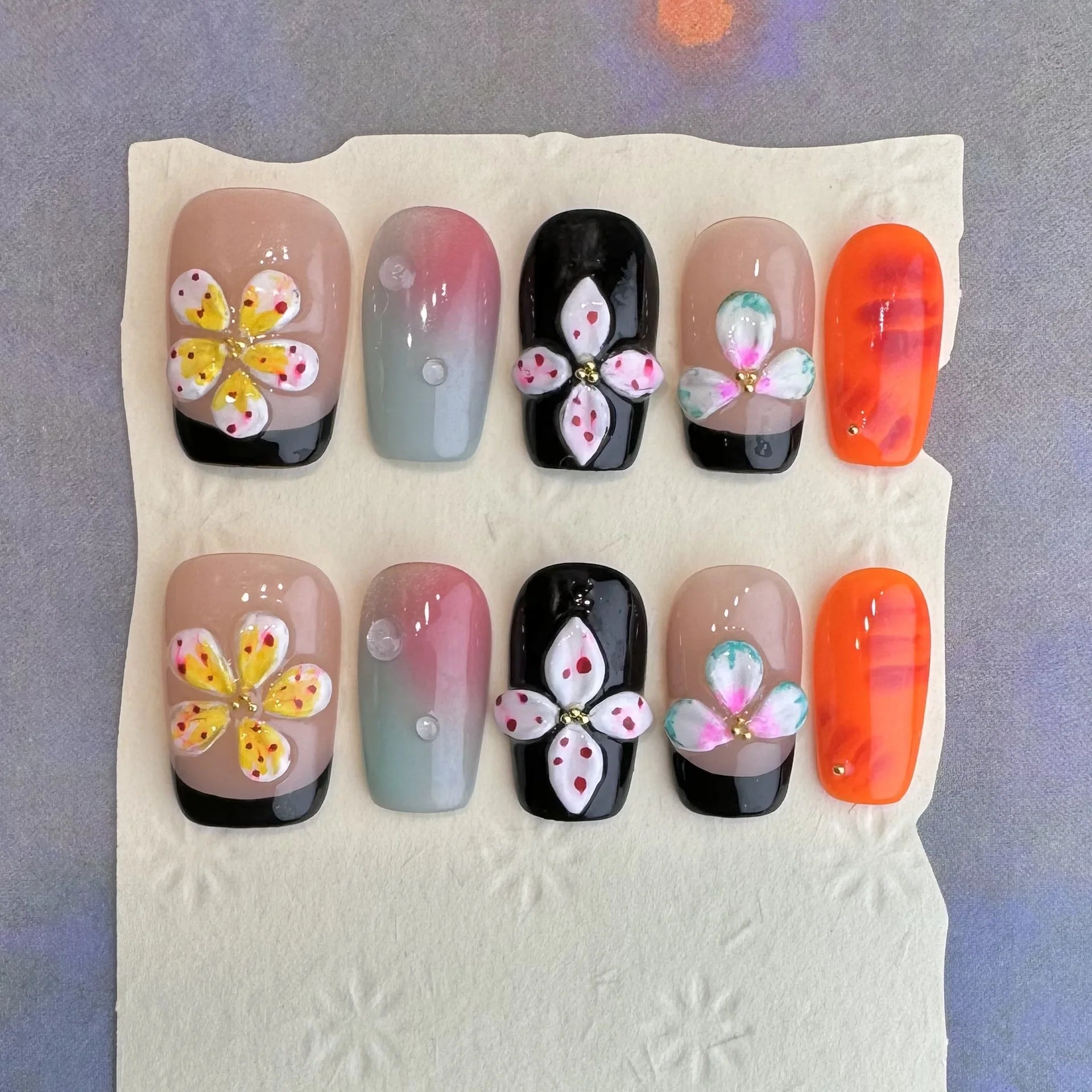 10Pcs 3D Green Flower Handmade Press on Nails French Fake Nails Wearable Stick-on Nails False Nail Uñas