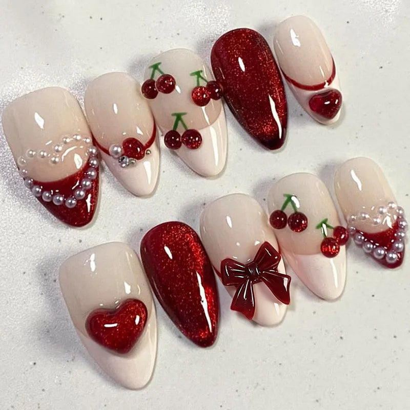 24pcs Pink Flower Almond Press on Nails Kawaii False Nails Wearable Stick-on Nails Fake Nail