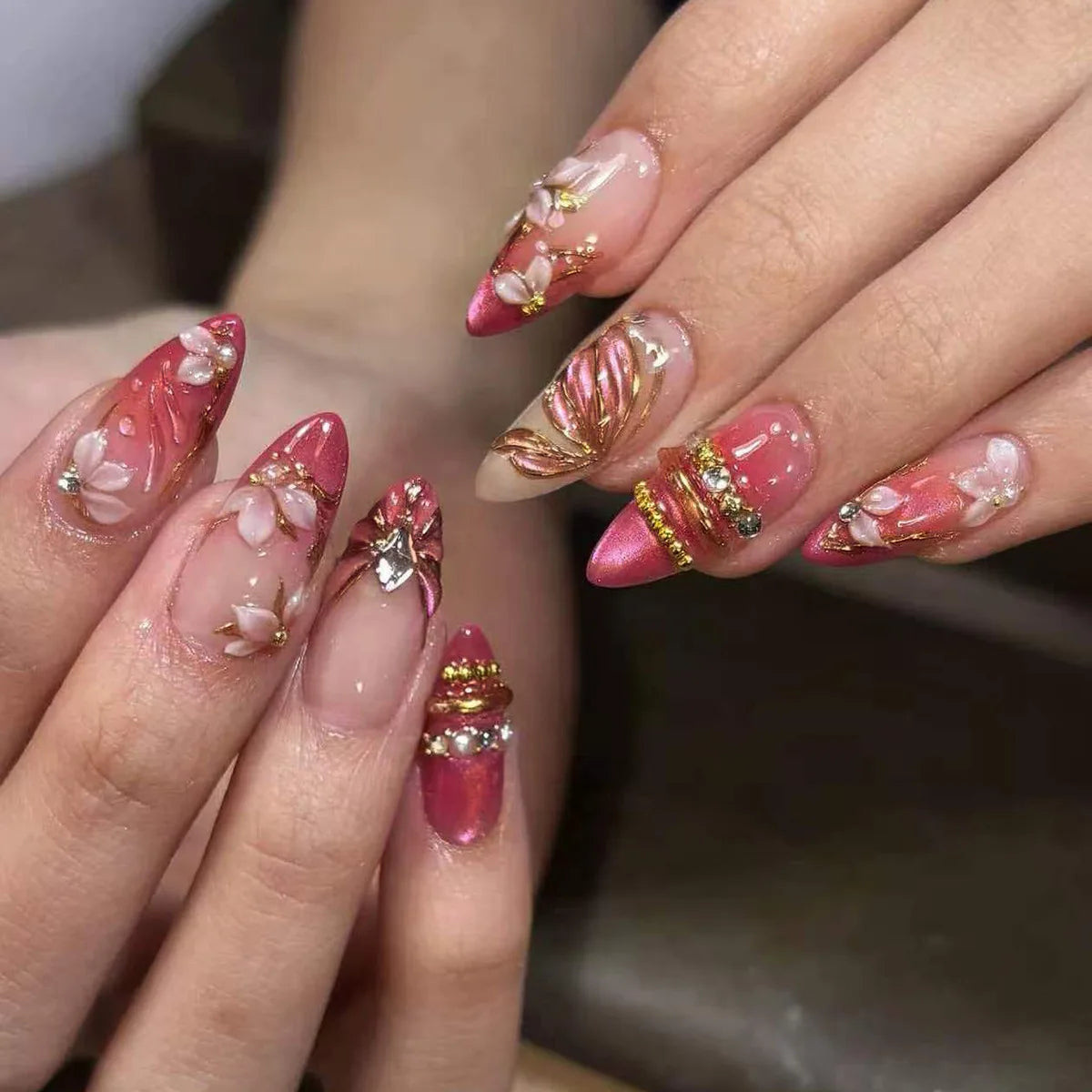 24pcs Pink Flower Almond Press on Nails Kawaii False Nails Wearable Stick-on Nails Fake Nail