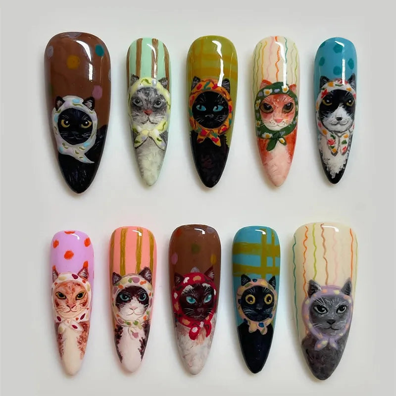 24pcs Long Almond Press on Nails Anime Pattern Full Cover Nail Tips Ornament for Girls Colorful False Nails Wearable Fake Nail
