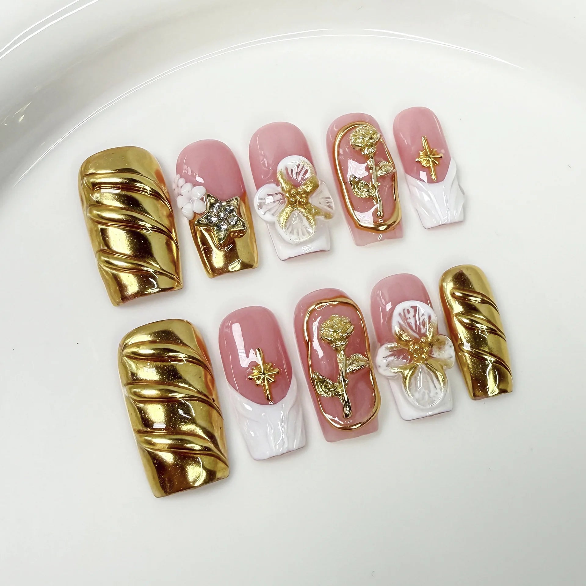 10Pcs 3D Green Flower Handmade Press on Nails French Fake Nails Wearable Stick-on Nails False Nail Uñas
