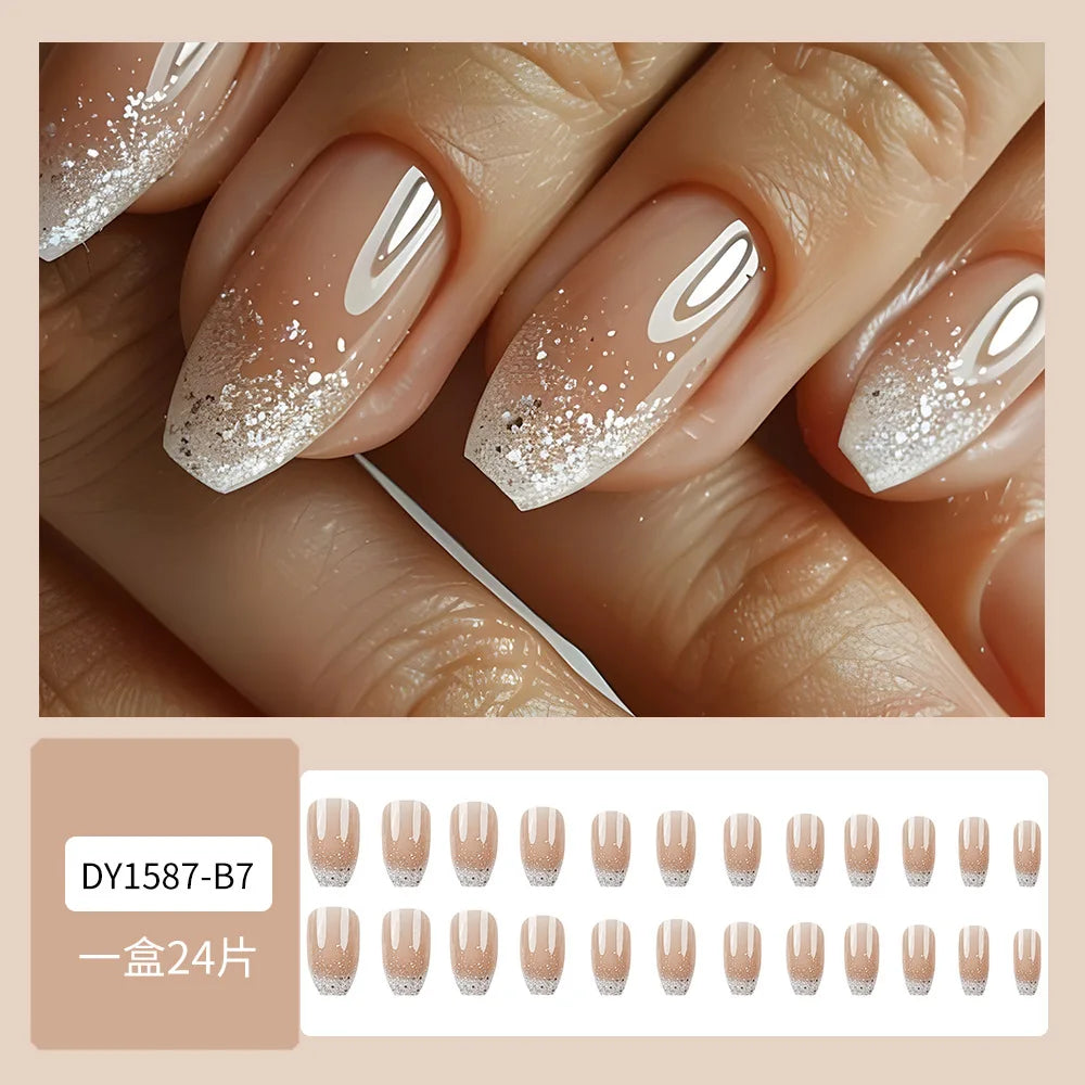 24 Pcs Fake Nails with Design False Nails Finger Wear Nail White French Glitter Square Medium Short Press on Nails for Gluing