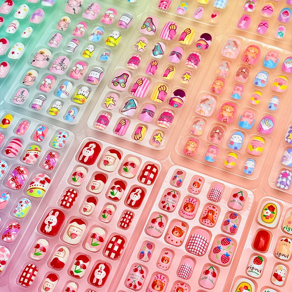 120pcs Cute Cartoon kids Fake Nails Colorful Bunnies/Bows/Fruits/Flowers False Nails Short Square Acrylic Full-Cover Press-On Nails *