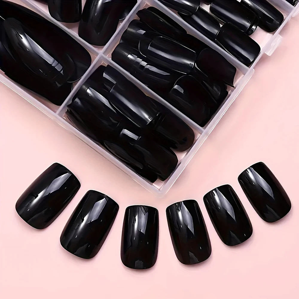 120Pcs Glossy Black Medium Square Fake Nails 12 Sizes Full Cover Press On Nail Solid False Fingertips for Women Daily Manicure