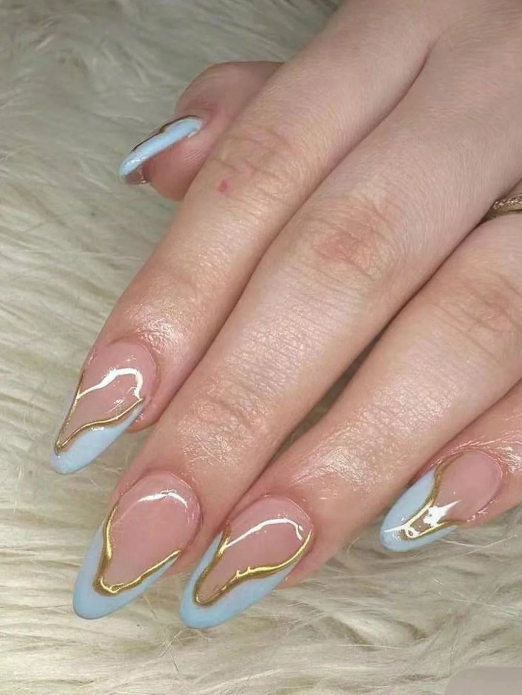 10 Pieces of Handmade Fake Nails with Blue French Tips, Golden Accents, Nude Shade - Minimalist, Stylish and High-End for Daily