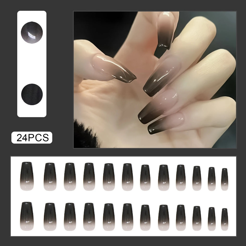 24pcs Y2k Star Press On Nails Gradient Black Mid-length Coffin False Nail Tips Full Cover Moon Designs Fake Nail For Cool Girls