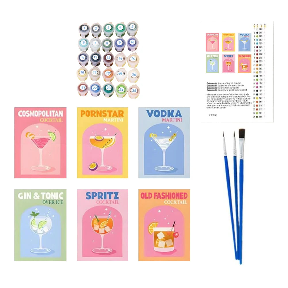 6 Pack Paint by Numbers Kit With Brush and Acrylic Paints Color Art Painting Cocktail Culture DIY Acrylic Oil Painting for Adult