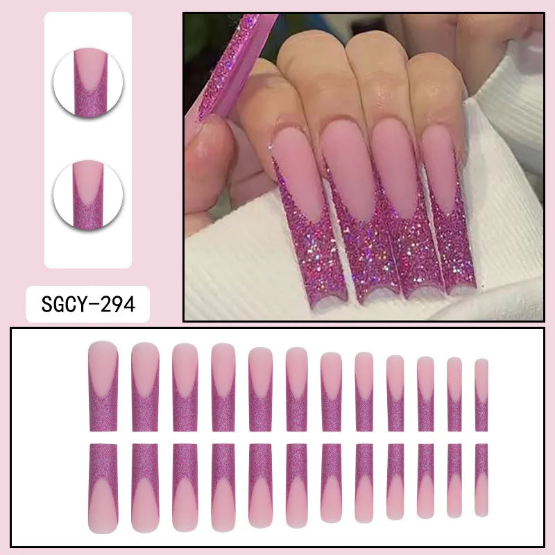 24 Pieces of Ultra Long Coffin Shaped press on nails French&gradient&flower Pattern 3D Butterfly Dot Diamond Glossy Fake Nails