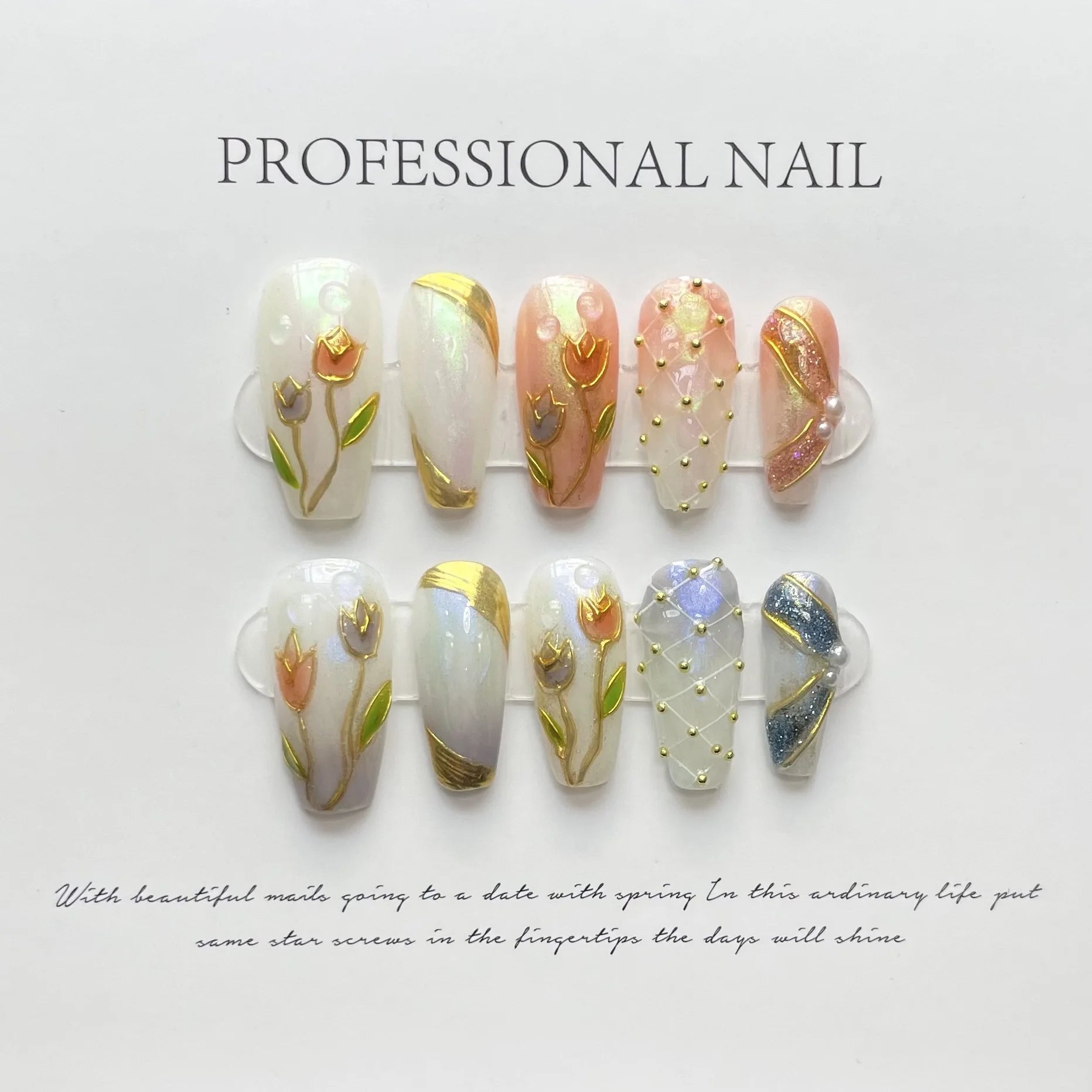 10Pcs 3D Green Flower Handmade Press on Nails French Fake Nails Wearable Stick-on Nails False Nail Uñas