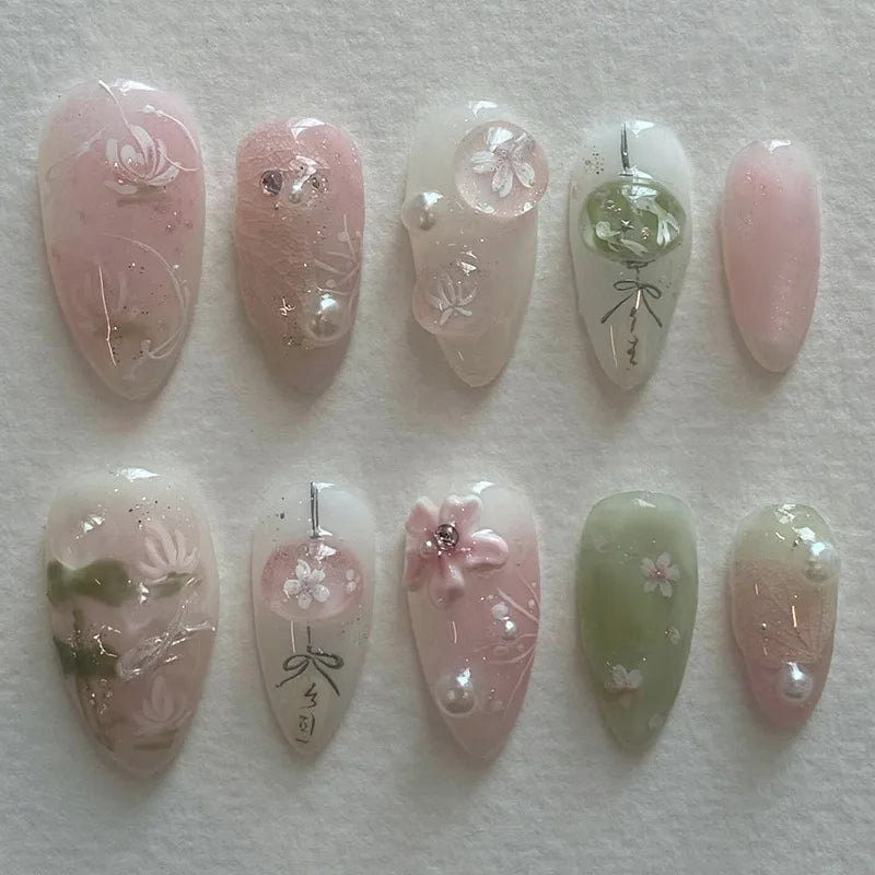 24pcs Pink Flower Almond Press on Nails Kawaii False Nails Wearable Stick-on Nails Fake Nail