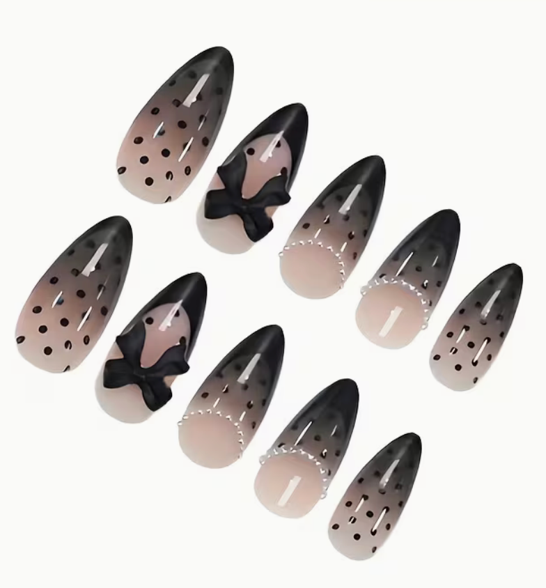 Black and white polka dot and bows false nails