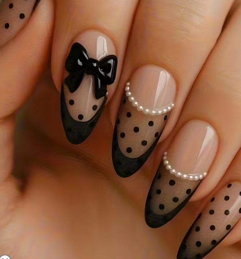 Black and white polka dot and bows false nails