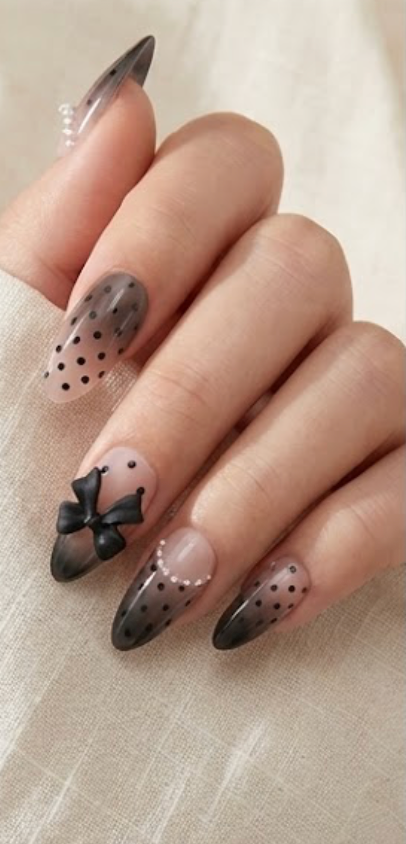 Black and white polka dot and bows false nails