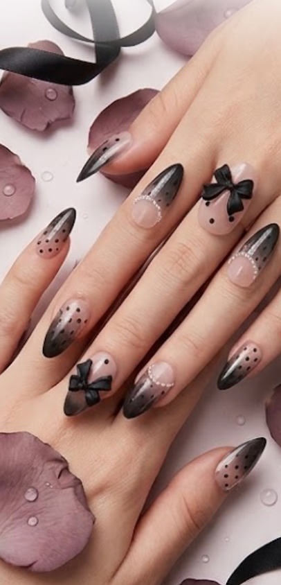 Black and white polka dot and bows false nails