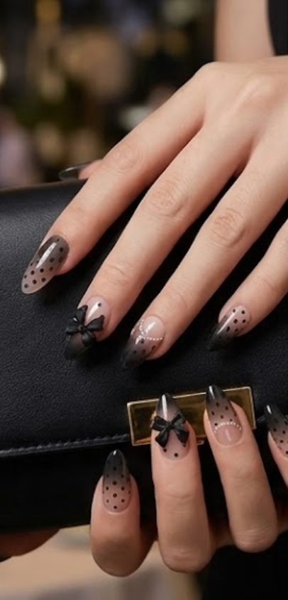 Black and white polka dot and bows false nails