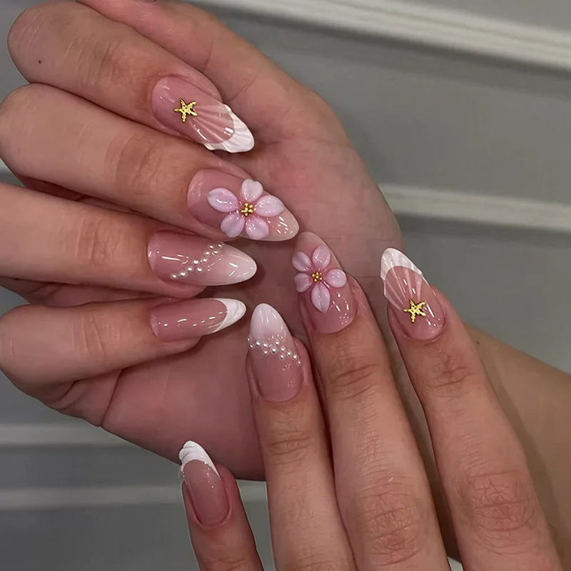 24pcs Pink Flower Almond Press on Nails Kawaii False Nails Wearable Stick-on Nails Fake Nail