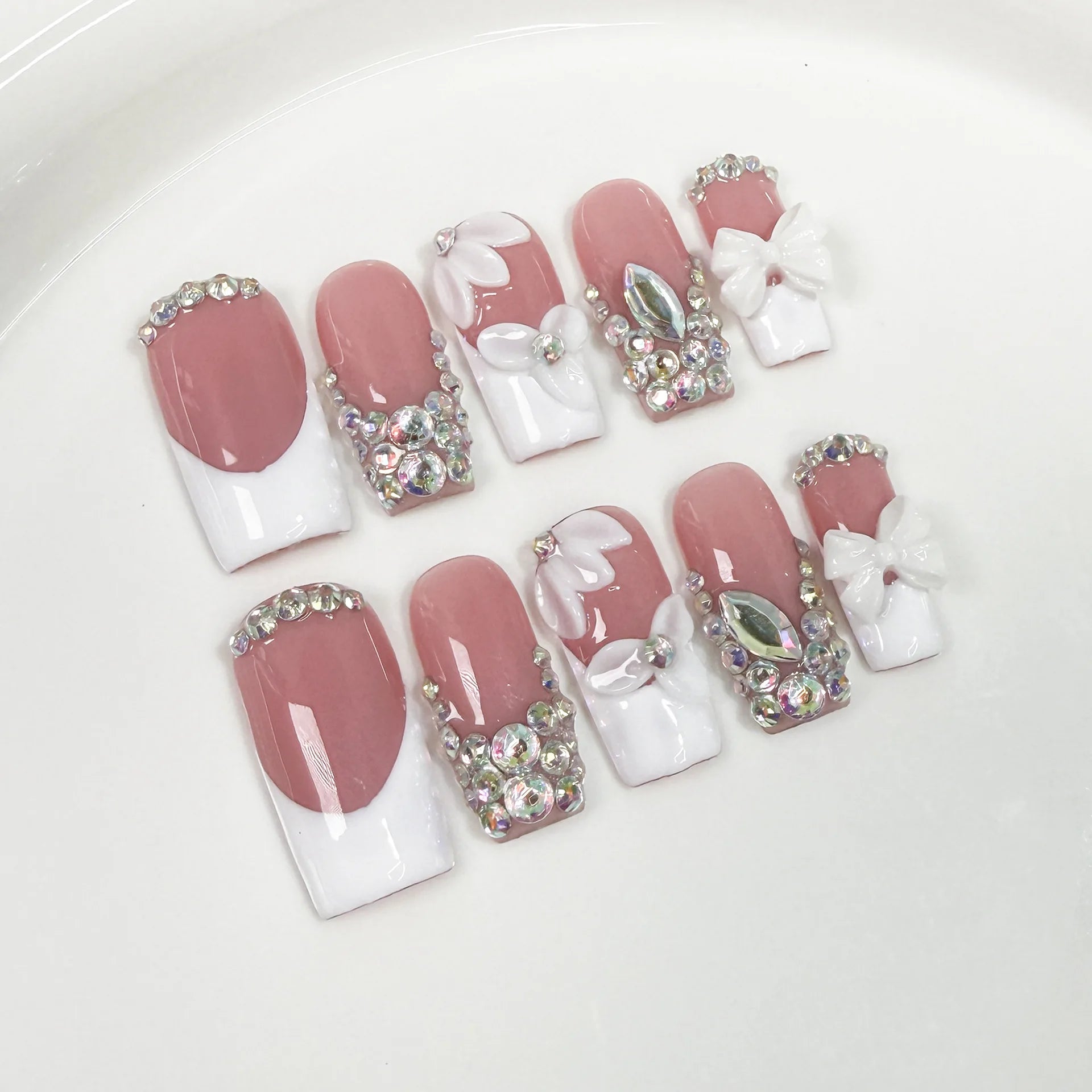 10Pcs 3D Green Flower Handmade Press on Nails French Fake Nails Wearable Stick-on Nails False Nail Uñas