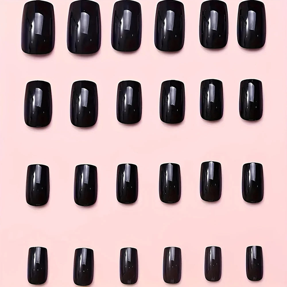120Pcs Glossy Black Medium Square Fake Nails 12 Sizes Full Cover Press On Nail Solid False Fingertips for Women Daily Manicure