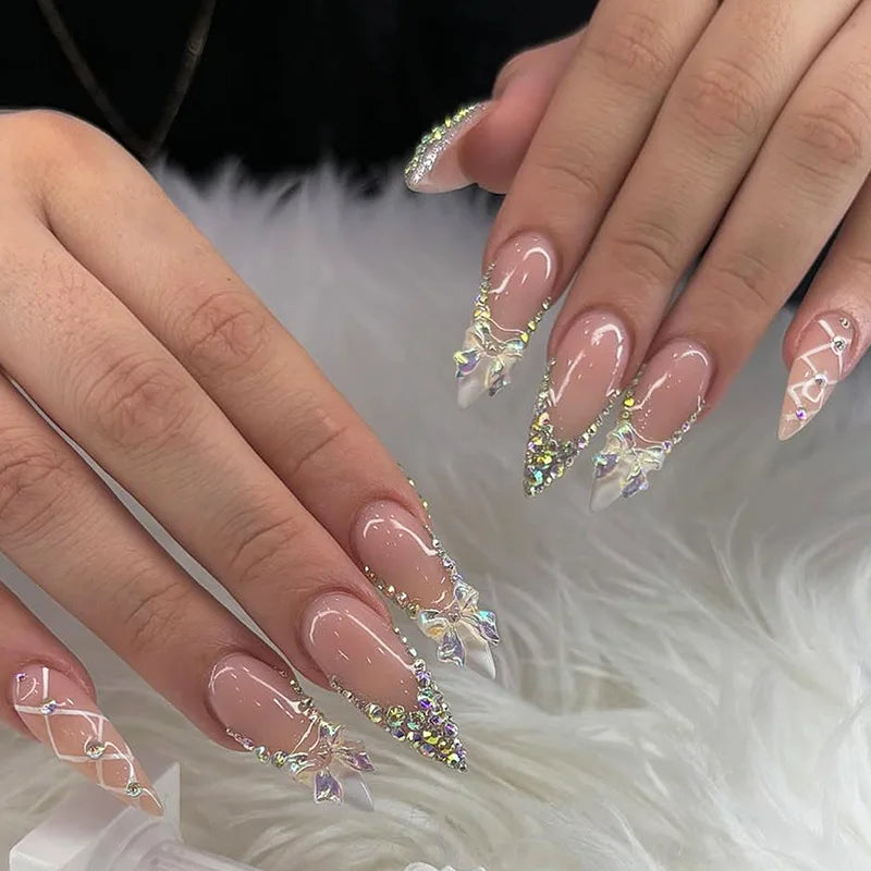 24pcs Pink Flower Almond Press on Nails Kawaii False Nails Wearable Stick-on Nails Fake Nail