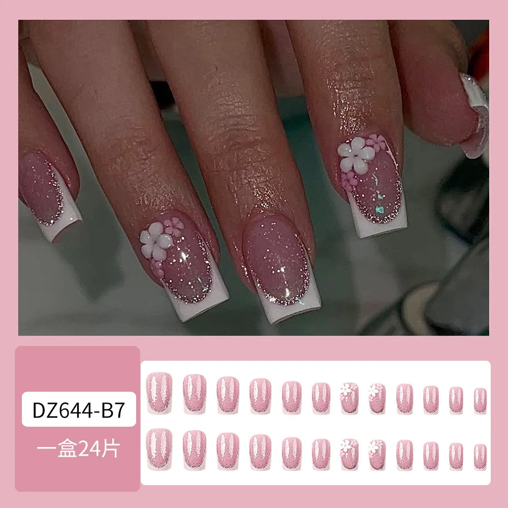 24 Pcs Fake Nails with Design False Nails Finger Wear Nail White French Glitter Square Medium Short Press on Nails for Gluing