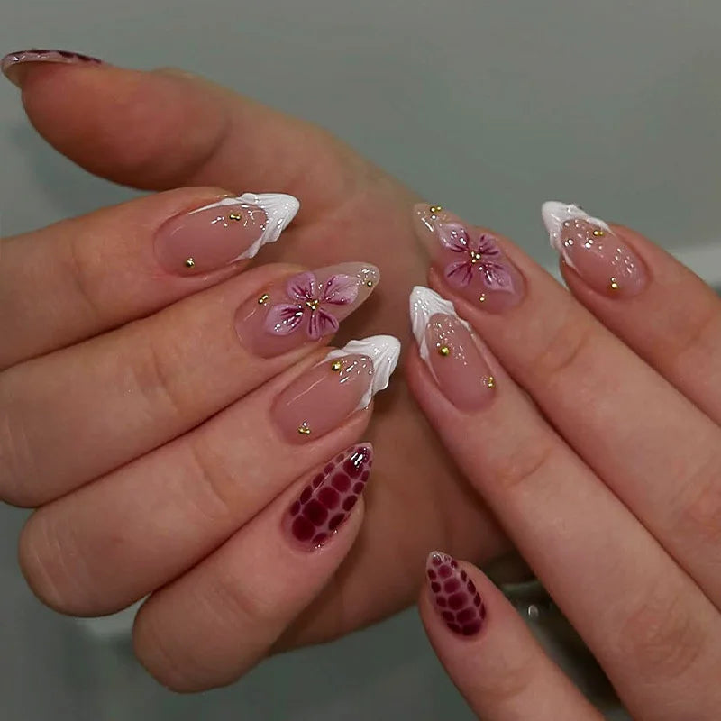 24pcs Pink Flower Almond Press on Nails Kawaii False Nails Wearable Stick-on Nails Fake Nail
