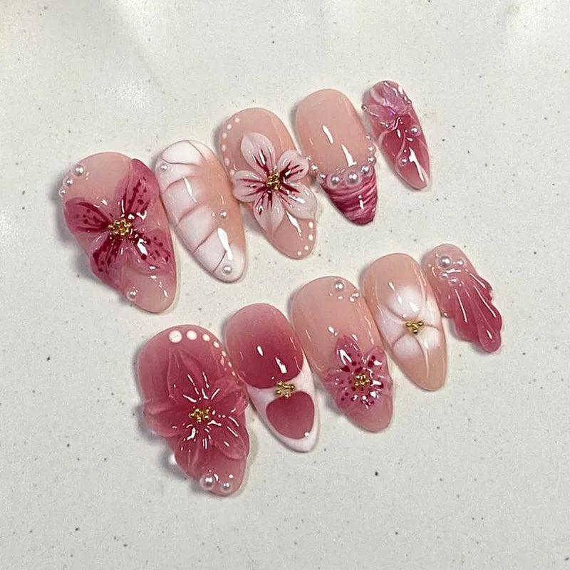 24pcs Pink Flower Almond Press on Nails Kawaii False Nails Wearable Stick-on Nails Fake Nail