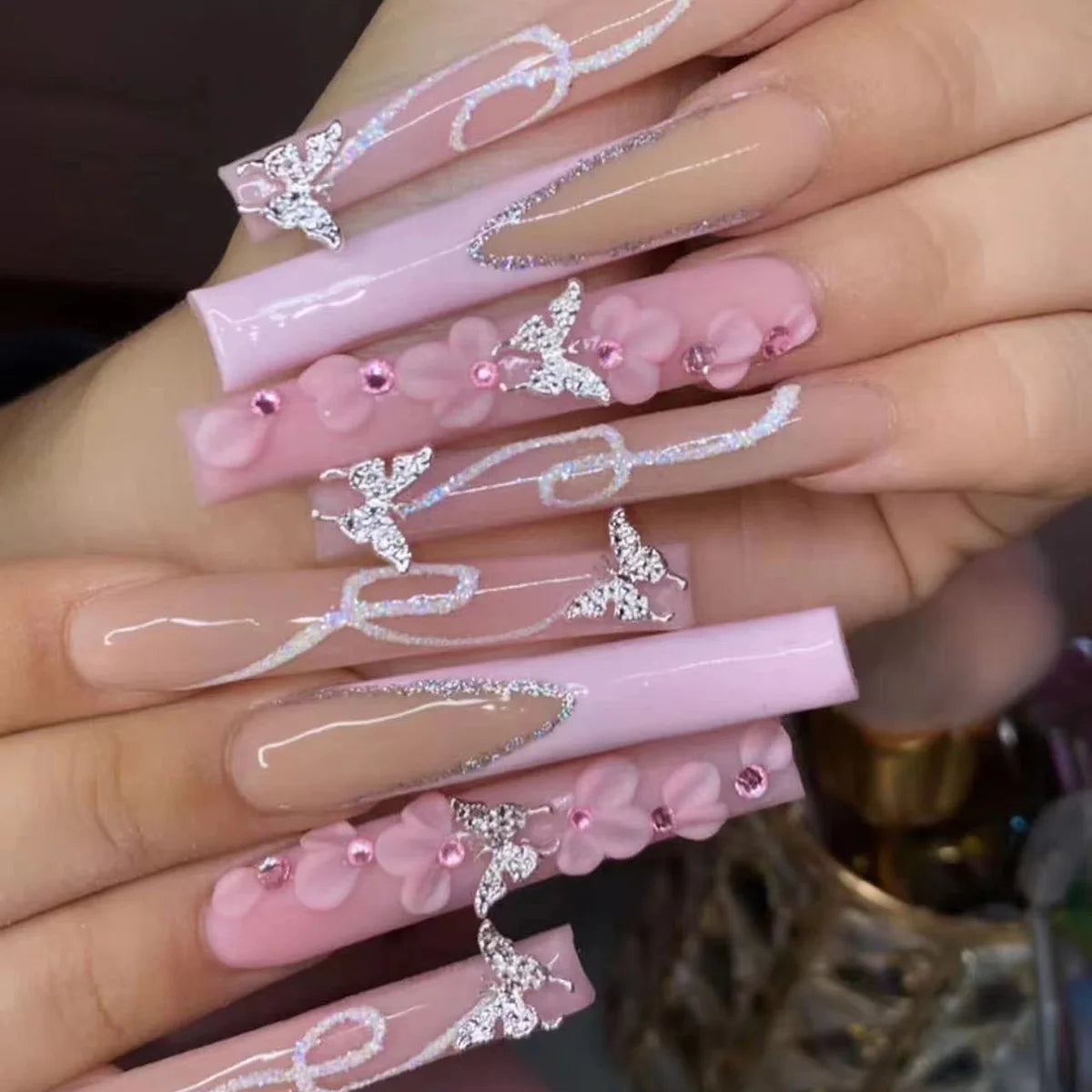24 Pieces of Ultra Long Coffin Shaped press on nails French&gradient&flower Pattern 3D Butterfly Dot Diamond Glossy Fake Nails