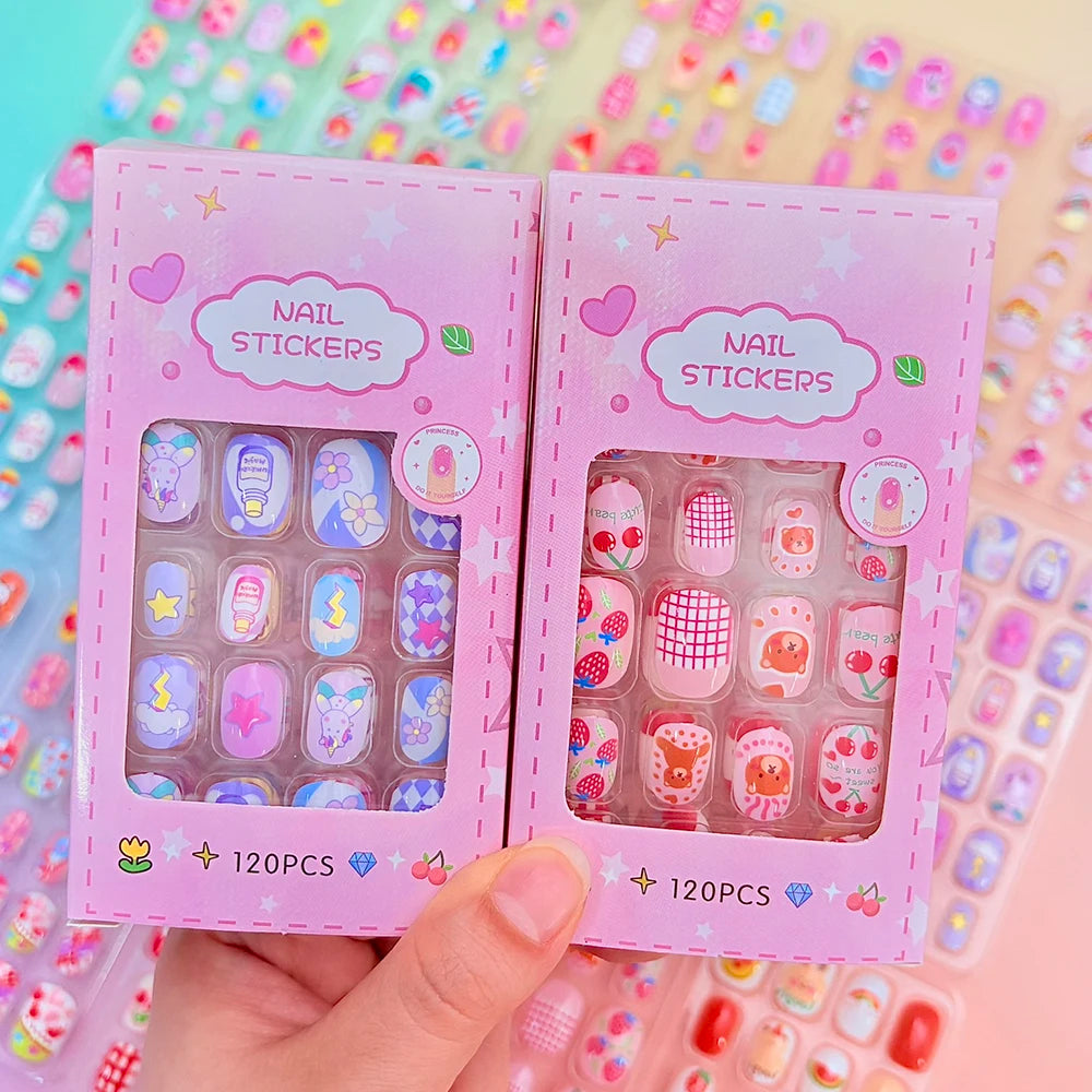 120pcs Cute Cartoon kids Fake Nails Colorful Bunnies/Bows/Fruits/Flowers False Nails Short Square Acrylic Full-Cover Press-On Nails *