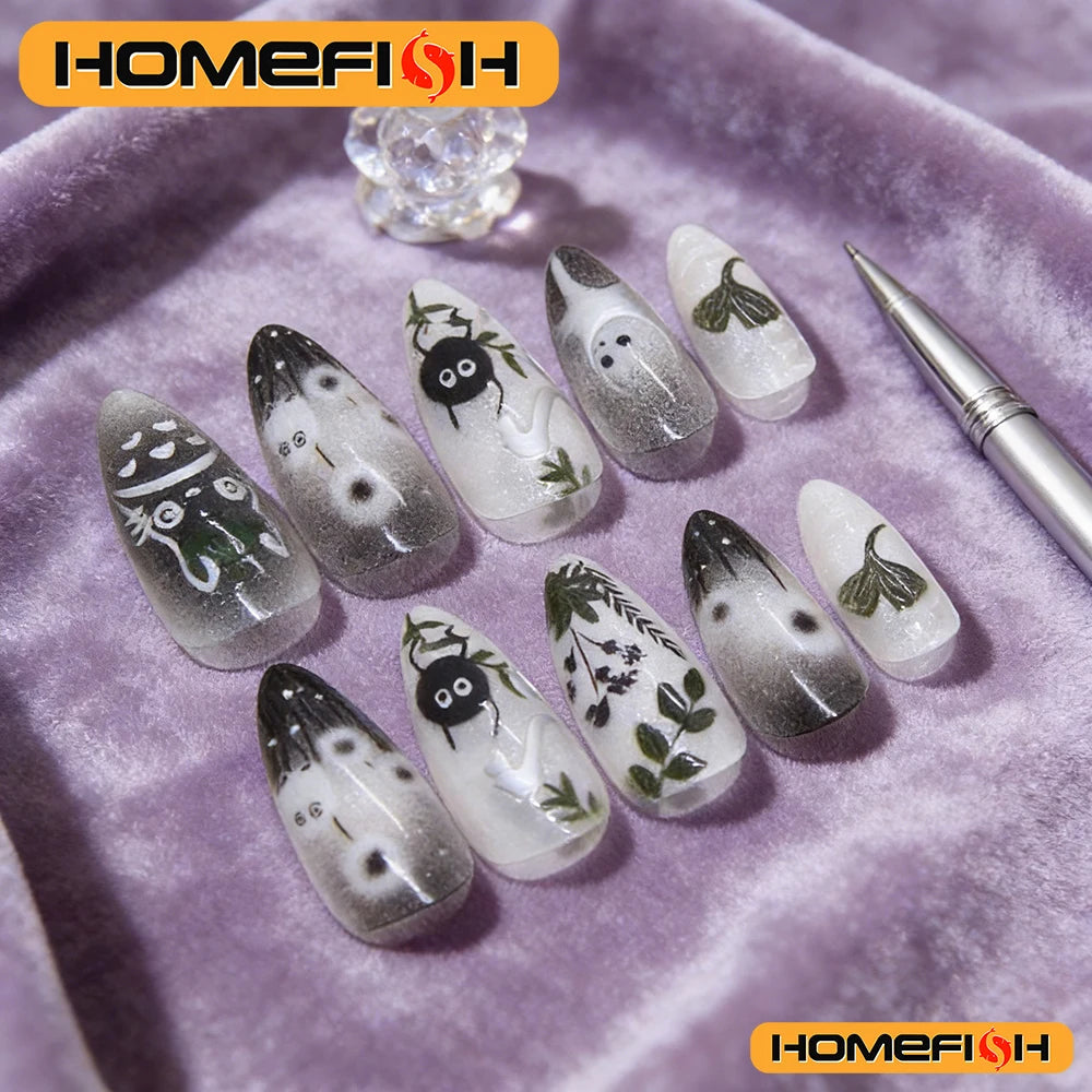 24pcs Gradient Black False Nails Cute Cartoon Cat's Eye Forest Elf Girl Press On Nails Glossy Almond Sweet Cool Fake Nail Tips