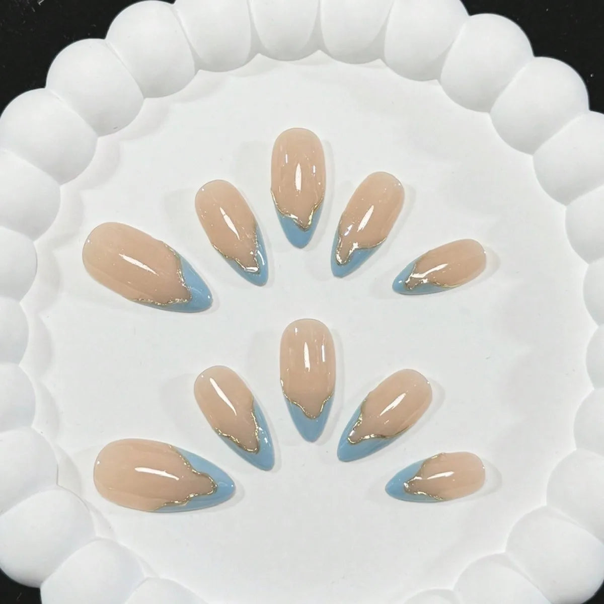 10 Pieces of Handmade Fake Nails with Blue French Tips, Golden Accents, Nude Shade - Minimalist, Stylish and High-End for Daily