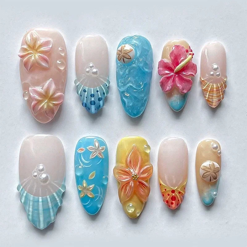 24pcs Pink Flower Almond Press on Nails Kawaii False Nails Wearable Stick-on Nails Fake Nail