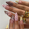 24PCS Pink Almond Press on Nails Full Cover Carved Flower 3D Ripples French Fake Nails for Women with Golden Pearl Wearable Nail