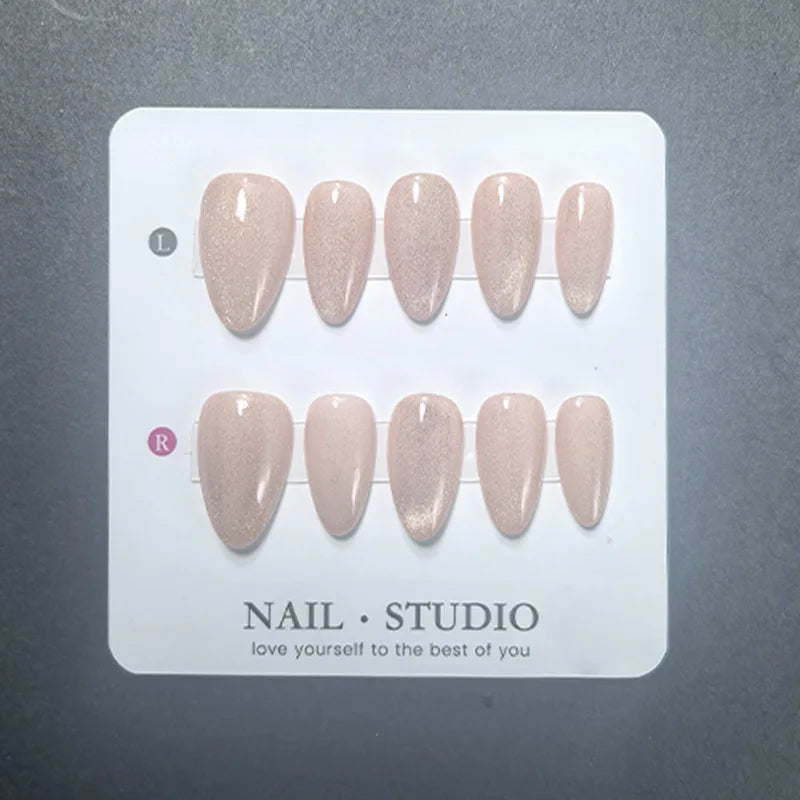 10pcs Almond Cat Eye Press on Nails Handmade Fuchsia Nude Pink Red Magnetic False Nails Glossy Manicure Set