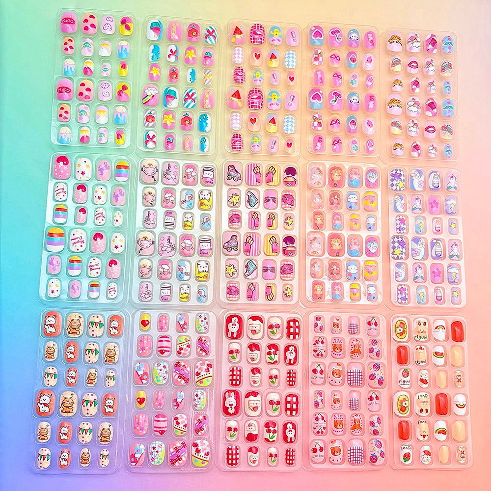 120pcs Cute Cartoon kids Fake Nails Colorful Bunnies/Bows/Fruits/Flowers False Nails Short Square Acrylic Full-Cover Press-On Nails *