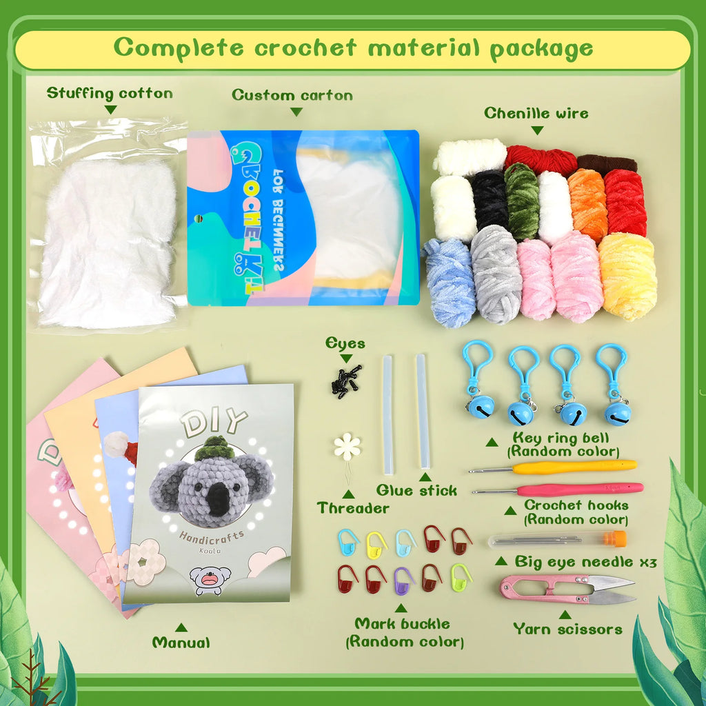 Crochet Animal Kit for Beginners With Video Tutorial Cotton Knitting Yarn Thread Needles Hook Knit Tool Set DIY Craft