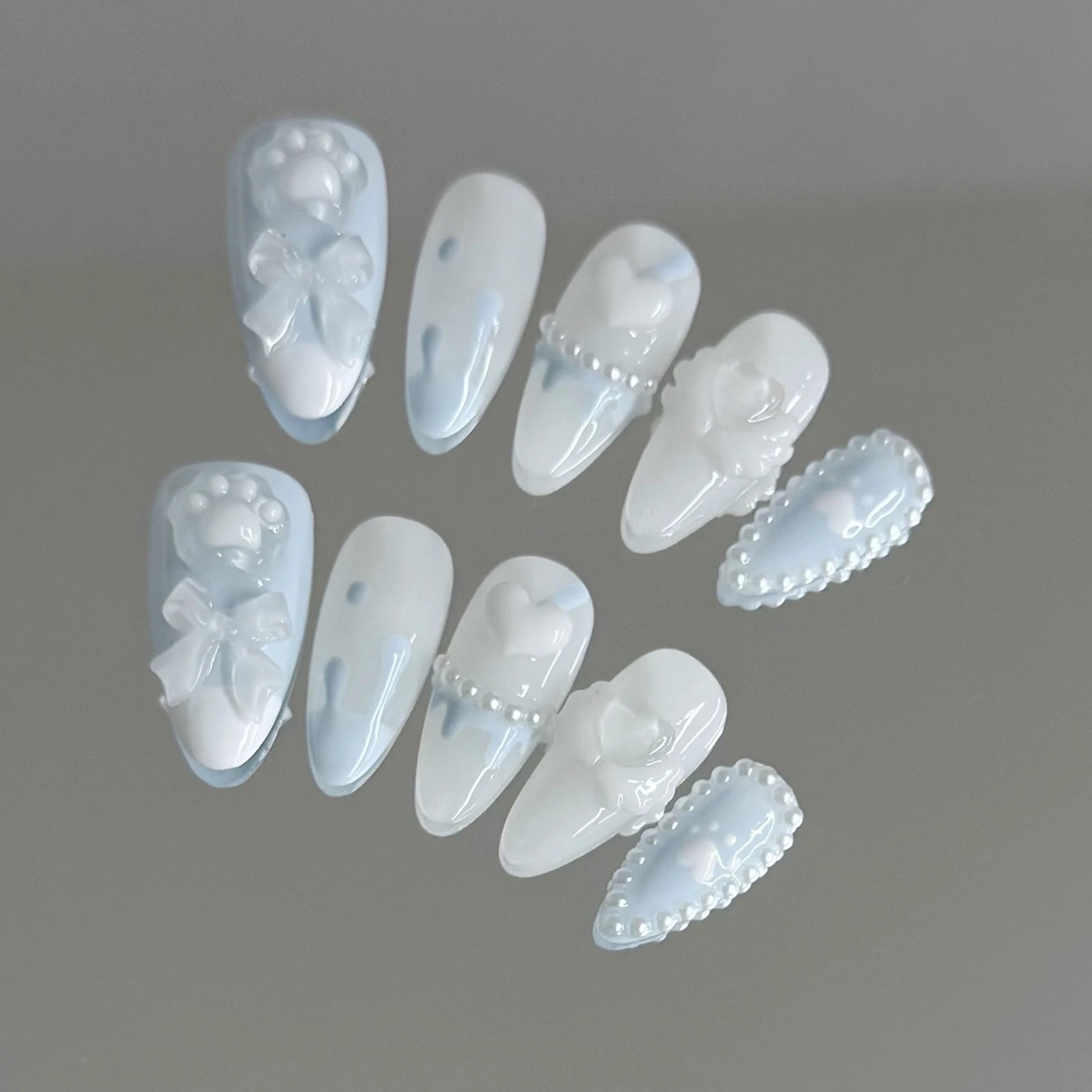 Handmade Press on Nails with Cute Bear Paw Design Light Blue Fake Nails Full Cover Wearable Sweet Korean Almond False Nail Tips