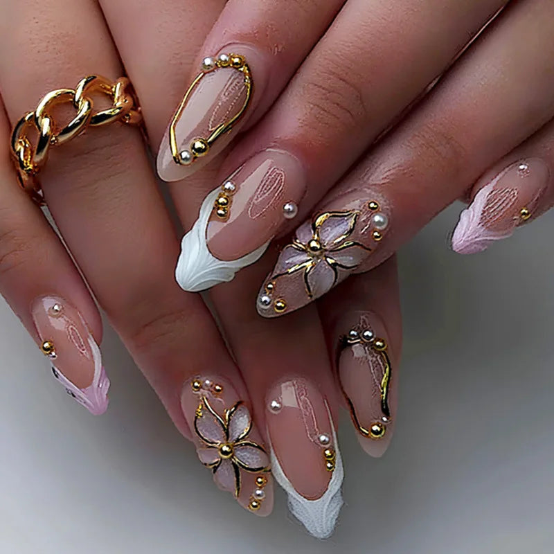 24pcs Pink Flower Almond Press on Nails Kawaii False Nails Wearable Stick-on Nails Fake Nail