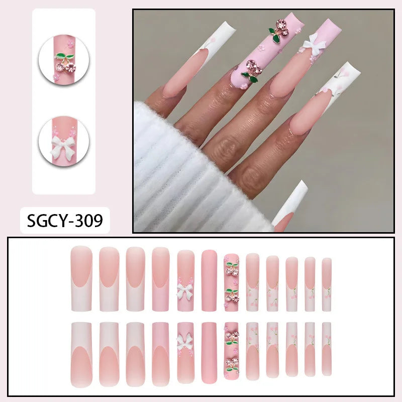 24 Pieces of Ultra Long Coffin Shaped press on nails French&gradient&flower Pattern 3D Butterfly Dot Diamond Glossy Fake Nails