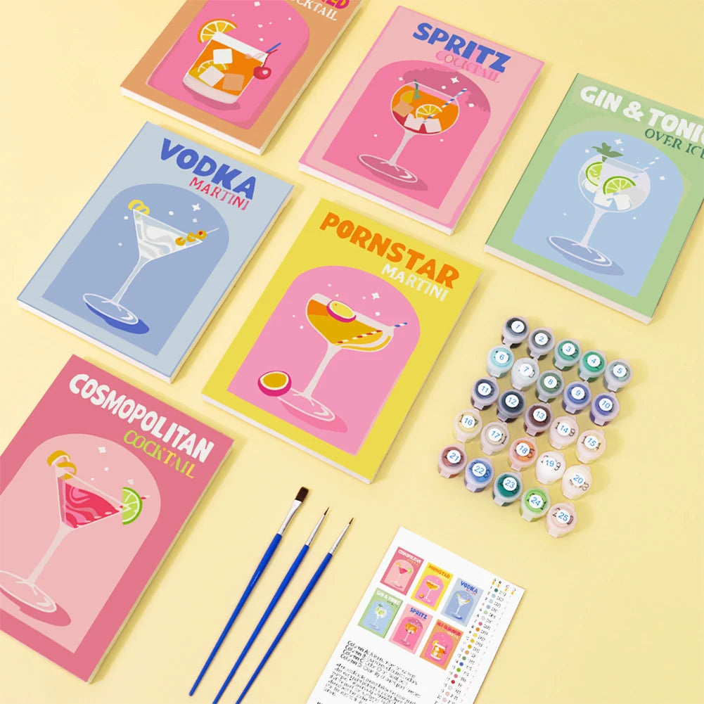 6 Pack Paint by Numbers Kit With Brush and Acrylic Paints Color Art Painting Cocktail Culture DIY Acrylic Oil Painting for Adult