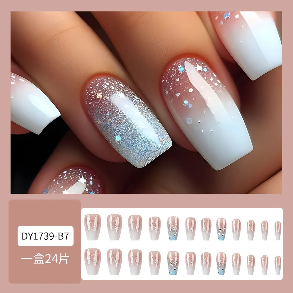 24 Pcs Fake Nails with Design False Nails Finger Wear Nail White French Glitter Square Medium Short Press on Nails for Gluing