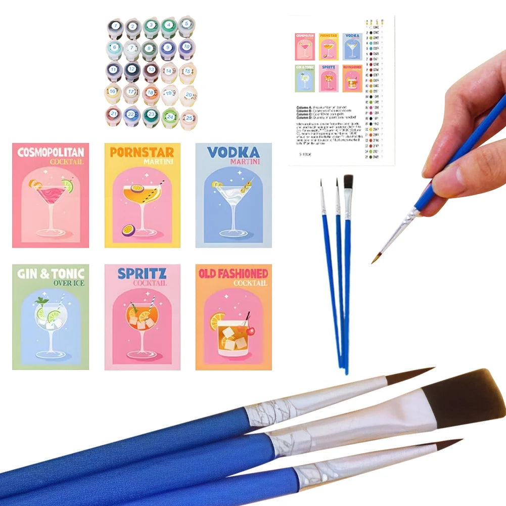 6 Pack Paint by Numbers Kit With Brush and Acrylic Paints Color Art Painting Cocktail Culture DIY Acrylic Oil Painting for Adult