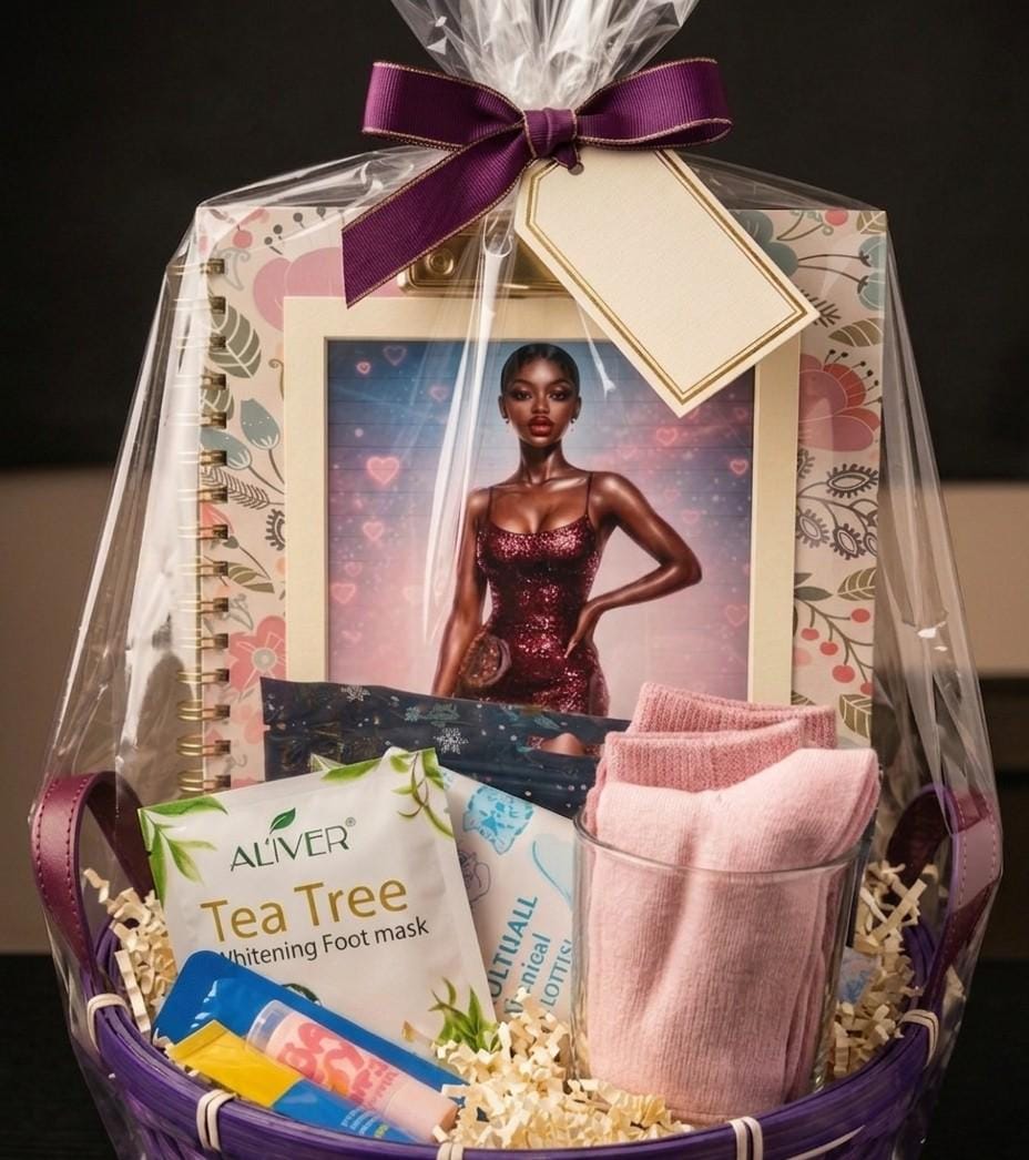 Geschenkkorb mit Lipgloss, Schaumbad, Fußmaske und Nägeln.