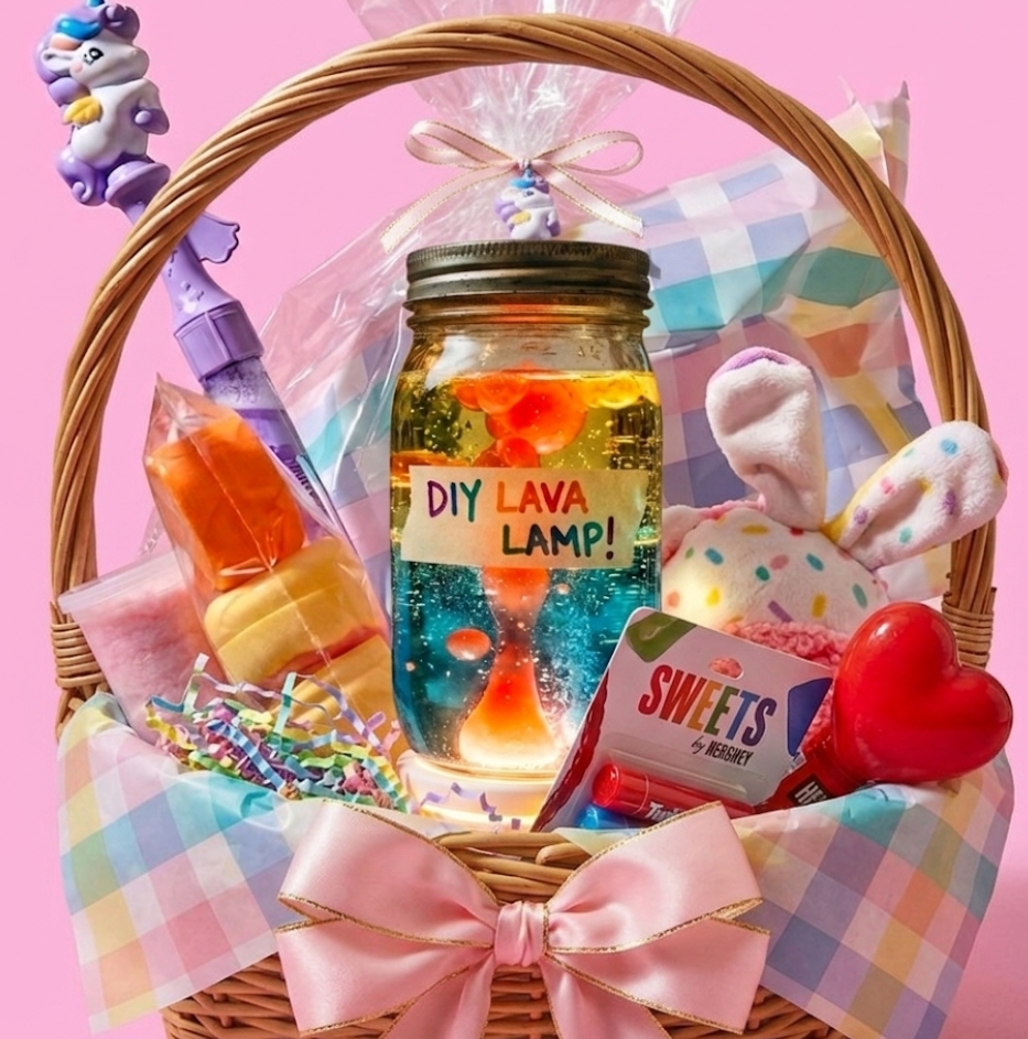 Gift basket with candy, BTS figure and mini tomagotchi